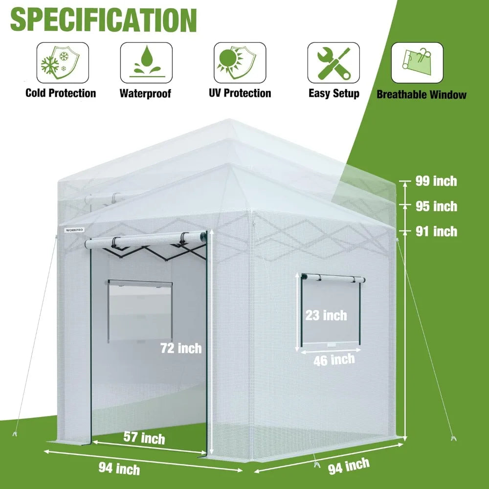 8'x 8' Portable Walk-in Greenhouse, Instant Pop-up Heavy Duty Gardening House Canopy with Robust PE Cover,