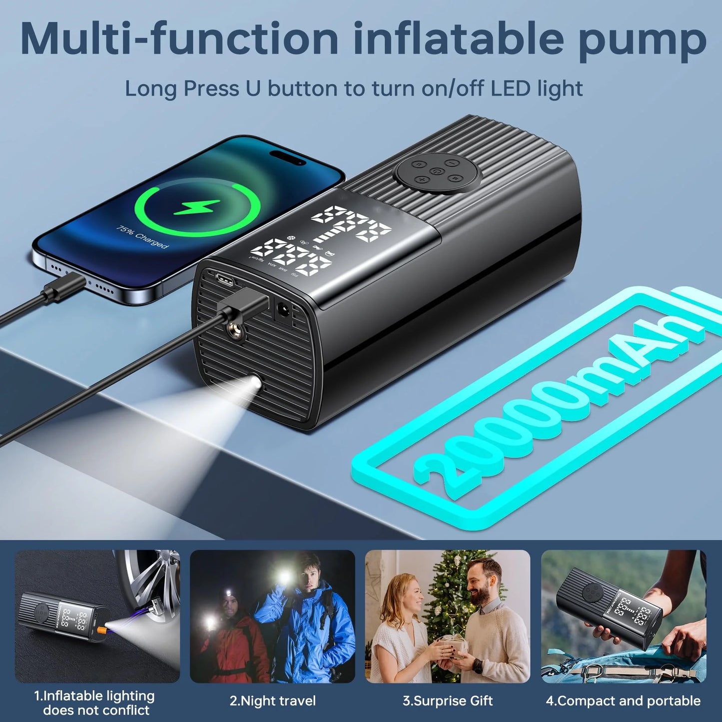 Portable Air Compressor - 20000 mAh Rechargeable Air Pump -