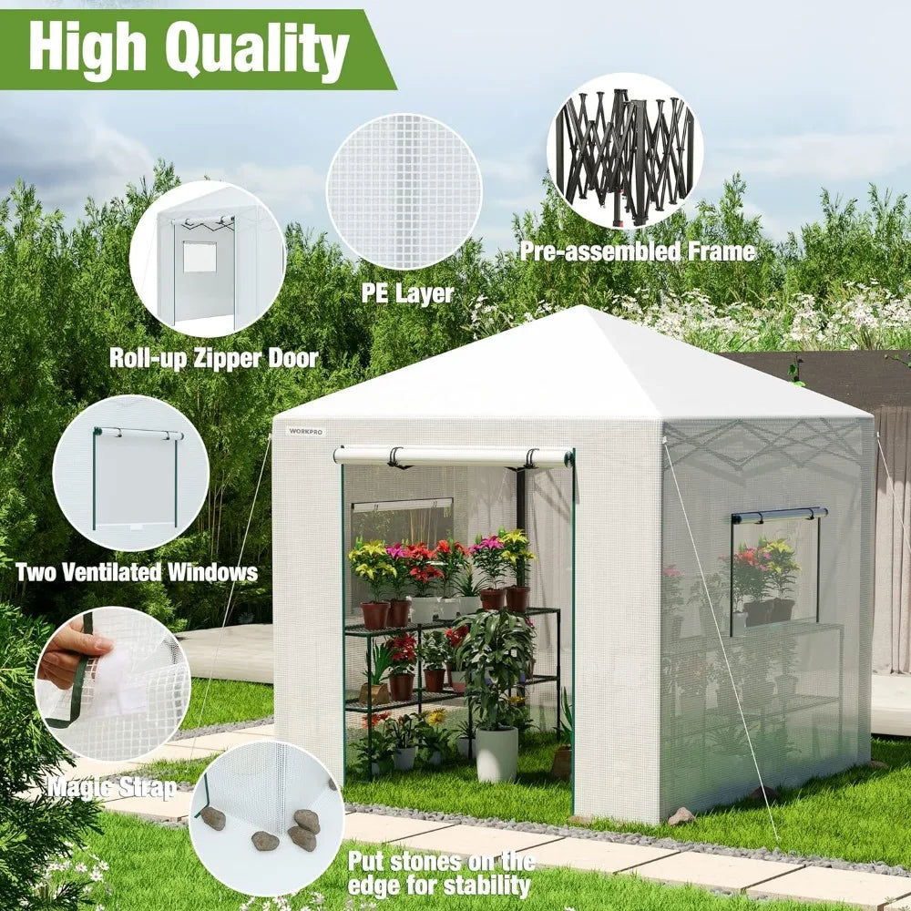 8'x 8' Portable Walk-in Greenhouse, Instant Pop-up Heavy Duty Gardening House Canopy with Robust PE Cover,