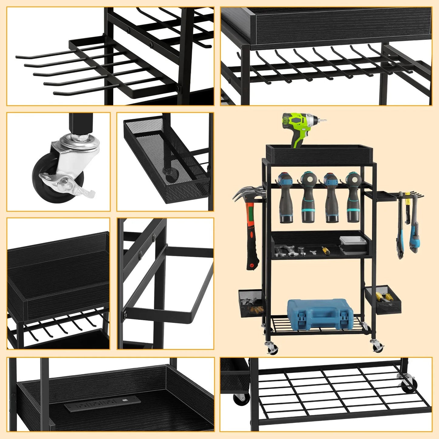 Tool Organizer Storage Cart with Charging Station