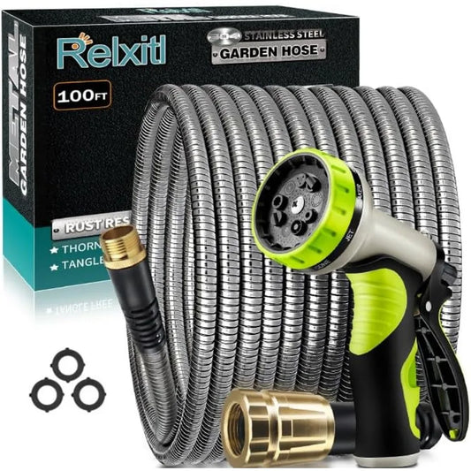 Garden Hose 100ft - Stainless Steel Garden Hose Metal, Flexible Water Hose with Sprayer for Yard - Never Kink & Tangle,