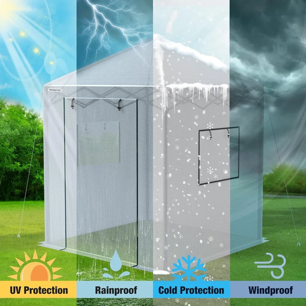 8'x 8' Portable Walk-in Greenhouse, Instant Pop-up Heavy Duty Gardening House Canopy with Robust PE Cover,